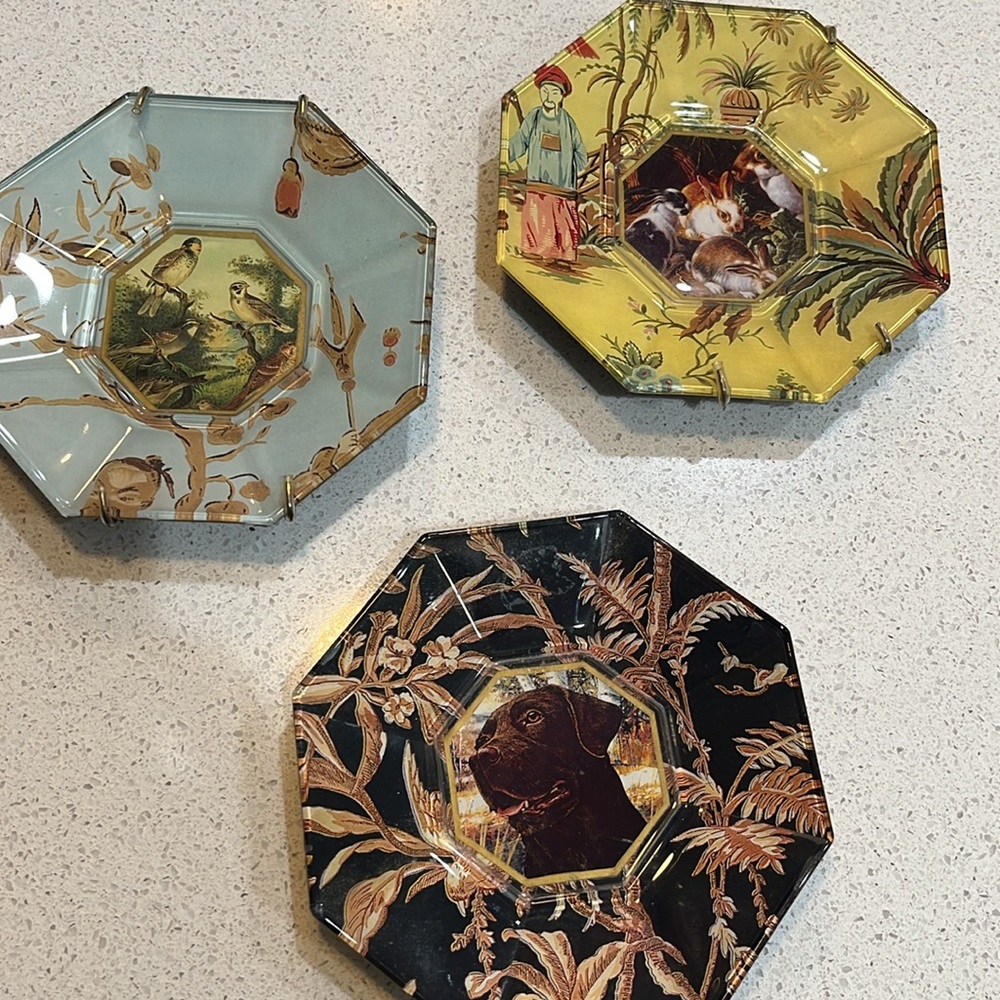 3 Signed Mary Kelley Découpage decor plates
